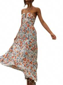 Women Long Dress, Elegant Sleeveless Tie-Up Halterneck Floral Dress Summer Swing Dress - 彩色 - 查看 9
