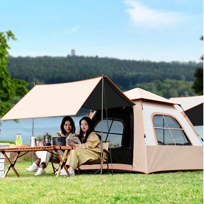1pc Beige Outdoor Tent And Canopy 2-In-1 Camping Overnight Auto Fold Portable UV Protection Camping Full Set