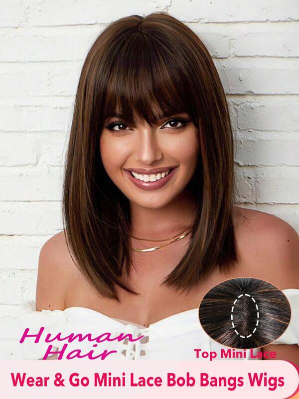 Glueless Bob Wig With Bangs Human Hair Short Straight Bob Wig With 2.5"X1" Lace Top Natural Black Bob Wig With Yaki Straight Texture Mini Lace Wig Natural Black Mixed Blonde Color