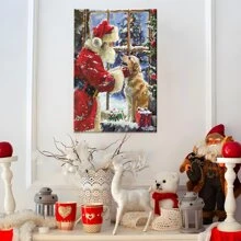 1Pc Framed Canvas Poster, Santa Claus And Dogs Wall Art Canvas Paintings, Ideal Gift For Bedroom Living Room Corridor, Wall Art, Wall Decor, Winter Decor, Room Decoration
