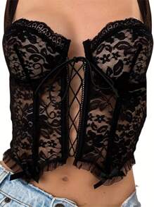 Women Lady Sleeveless Tops Solid Color Strap Closure Lace Pattern Slim Female Vest - Black - View 2