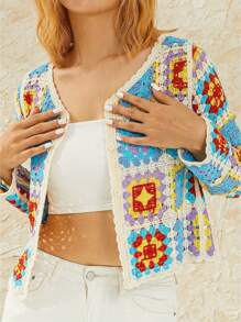 Suéteres tipo cárdigan de rayas cuadradas para mujer, de manga larga, con botones, de punto grueso, de gran tamaño, para otoño e invierno. - Azul - Ver 9