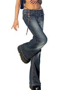 Women Hip Hop Denim Pants, High Waist Relaxed Fit Washed Wide Leg Jeans With Flap Pockets - 深藍色 - 查看 2