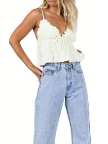 Women Basic Ruched Camisole Solid Color Ruffle V Neck Sleeveless Crop Tops For Streetwear Clubwear Summer Shirt - Beige - View 6