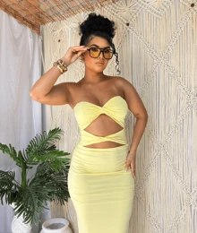 Strapless Suplex Midi Dress With Slit On The Back, Summer Launch Bee - Mustard Yellow - View 3