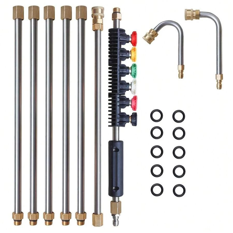 10 件套不锈钢高压清洗机延长杆套件，1/4 英寸快速接头，4000psi，6 个 30°、90° 喷嘴，1 个 120° 弯曲排水管清洁器