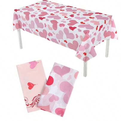 1 块 137*274 厘米粉色和红色心形塑料桌布，适合情人节、婚礼、露营、所有节日、爱情主题派对