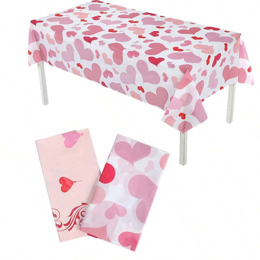 1 块 137*274 厘米粉色和红色心形塑料桌布，适合情人节、婚礼、露营、所有节日、爱情主题派对 - 彩色 - 查看 1