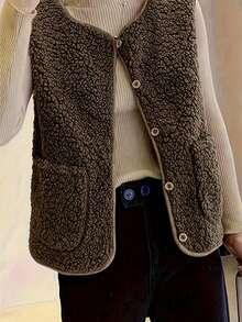 Women's Solid Color Sherpa Fleece Double Pocket Single Breasted Casual Vest Jacket, Autumn/Winter - Brown - View 3