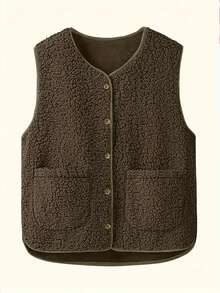 Women's Solid Color Sherpa Fleece Double Pocket Single Breasted Casual Vest Jacket, Autumn/Winter - Brown - View 4