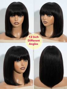 Glueless Bob Wig With Bangs Human Hair Short Straight Bob Wig With 2.5"X1" Lace Top Natural Black Bob Wig With Yaki Straight Texture Mini Lace Wig Natural Black Color - Natural & Black - View 5