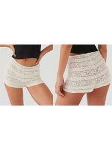 Women's Lace Shorts Slim Flower See Through Elastic Waist Mini Shorts For Summer Streetwear - trắng - Xem 2
