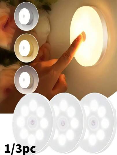 1 件/3 件/6 件 LED 夜灯，3 种颜色可调光 USB 可充电磁性底座壁灯，圆形便携式可调光夜灯，适用于房间装饰、家居、浴室、卧室、应急照明（250mAh）