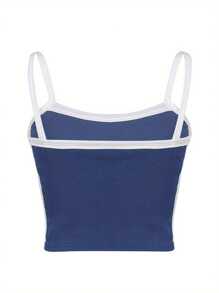 Womens Crop Cami Tops, Spaghetti Strap Square Neck Contrast Color Slim Fit Camisole - Blue - View 8