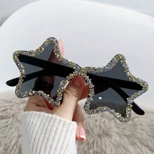 1 Pc Y2K Vintage Style Dopamine Fashion Glasses With Stars Design, Handmade Rhinestone Decoration, Frameless, Unique And Fashionable, Ideal For Wedding, Beach Party, Dance Party And Outdoor Activities Shades Beach Accessories Halloween Beach Accessories For Women Glasses Shades Basics Fall Winter Women Outfits Clothes Business Casual Gifts