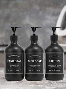 LEAPAIR 2/3 Peças Dispenser de Sabão de 500ml com Rótulos, com Bandeja, Conjunto de Dispenser de Sabão para Mãos e Louças, Garrafas de Bomba de Plástico, Garrafas Recarregáveis Preto Fosco de Shampoo e Condicionador, Garrafas de Bomba Vazias Reutilizáveis de 500ml, Dispensers de Sabão para Bancada do Banheiro, Rótulo de Garrafa de Loção de Gel de Banho e Shampoo, Armazenamento de Cozinha e Banheiro, Decoração de Banheiro, Decoração de Outono, De Volta às Aulas