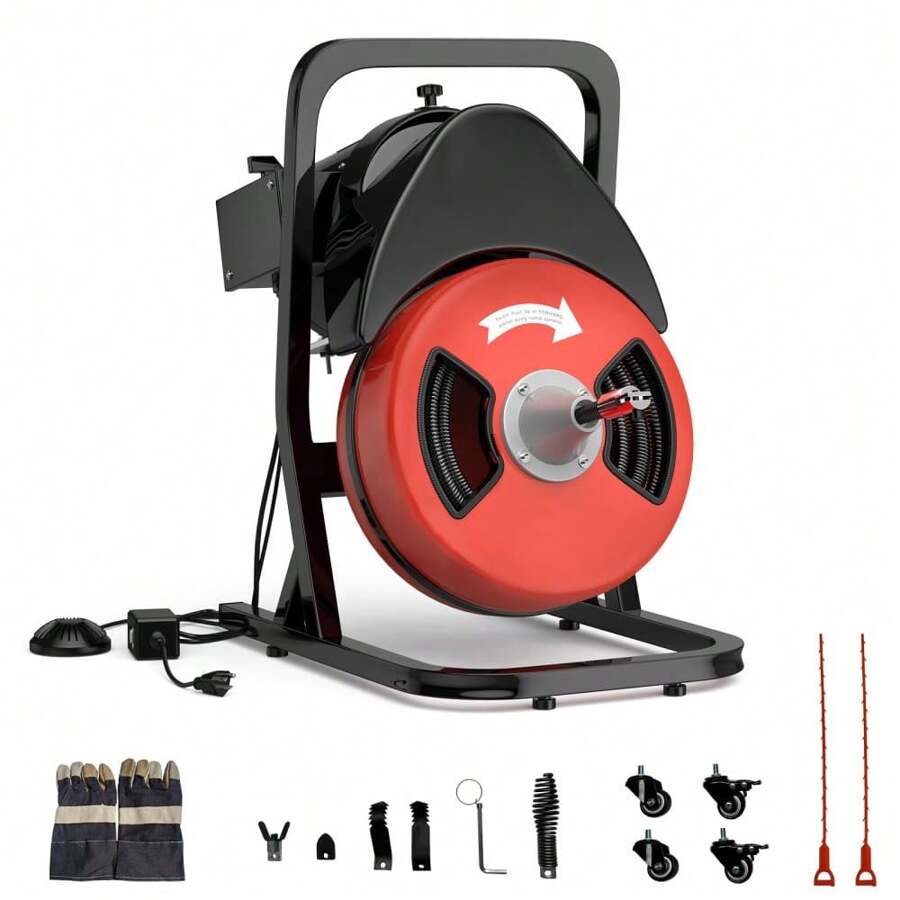 Ataucjin 50FTx1/2 Inch Drain Cleaner Machine,Electric Drain Auger,Sewer Snake Electric Drain For 2" To 4" Pipes,Plumbing Snake Auger Cleaner With Wheels & 4 Cutter & Foot Switch For Sewer,Sink,Toilet,Bathroom - red+black - View 1