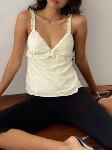 Women's Summer Sweet Cami Tops Frill Spaghetti Strap Chiffon Vest Bow Front Ruffled Cropped Camisole - 米色 - 查看 2