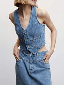 Women Denim Vest, Sleeveless V Neck Button Vest Outwear Gilet With Pockets For Casual Street