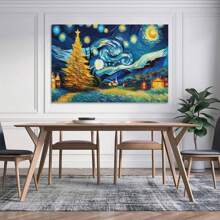 1 Piece Framed Vintage Abstract Style Starry Sky Countryside Landscape Oil Painting Poster Print, Suitable For Contemporary Living Room Bathroom Bedroom Hotel Apartment Villa Gallery Children's Room Nursery Nursery Entrance Porch Kitchen Dining Room Classroom Home Office Wall Decoration Ready To Hang