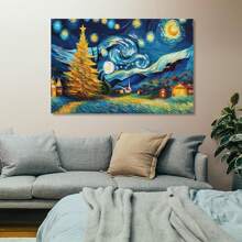 1 Piece Framed Vintage Abstract Style Starry Sky Countryside Landscape Oil Painting Poster Print, Suitable For Contemporary Living Room Bathroom Bedroom Hotel Apartment Villa Gallery Children's Room Nursery Nursery Entrance Porch Kitchen Dining Room Classroom Home Office Wall Decoration Ready To Hang