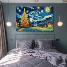 1 Piece Framed Vintage Abstract Style Starry Sky Countryside Landscape Oil Painting Poster Print, Suitable For Contemporary Living Room Bathroom Bedroom Hotel Apartment Villa Gallery Children's Room Nursery Nursery Entrance Porch Kitchen Dining Room Classroom Home Office Wall Decoration Ready To Hang