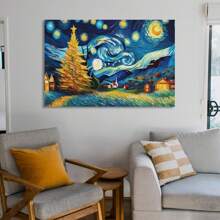 1 Piece Framed Vintage Abstract Style Starry Sky Countryside Landscape Oil Painting Poster Print, Suitable For Contemporary Living Room Bathroom Bedroom Hotel Apartment Villa Gallery Children's Room Nursery Nursery Entrance Porch Kitchen Dining Room Classroom Home Office Wall Decoration Ready To Hang