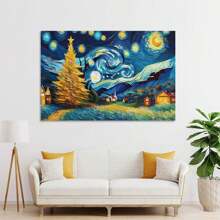1 Piece Framed Vintage Abstract Style Starry Sky Countryside Landscape Oil Painting Poster Print, Suitable For Contemporary Living Room Bathroom Bedroom Hotel Apartment Villa Gallery Children's Room Nursery Nursery Entrance Porch Kitchen Dining Room Classroom Home Office Wall Decoration Ready To Hang