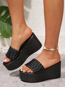 Damskie tkane paski w kratę wsuwane sandały na platformie z odkrytymi palcami, czarne sandały na koturnie 9 cm, letnie klapki plażowe, modne wygodne sandały na zewnątrz