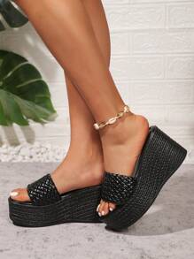 Damskie tkane paski w kratę wsuwane sandały na platformie z odkrytymi palcami, czarne sandały na koturnie 9 cm, letnie klapki plażowe, modne wygodne sandały na zewnątrz