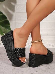Damskie tkane paski w kratę wsuwane sandały na platformie z odkrytymi palcami, czarne sandały na koturnie 9 cm, letnie klapki plażowe, modne wygodne sandały na zewnątrz