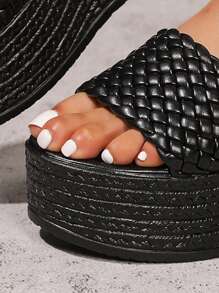 Damskie tkane paski w kratę wsuwane sandały na platformie z odkrytymi palcami, czarne sandały na koturnie 9 cm, letnie klapki plażowe, modne wygodne sandały na zewnątrz