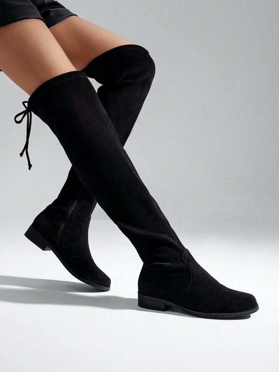 Women 2024 New Knee-High Boots With Metal Buckle Decor Side Zipper Closure, Versatile High Shaft Riding Boots With Round Toe And Chunky Heel For Autumn/Winter - DA LỘN MÀU ĐEN - Xem 1