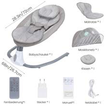 Babywippe für Kinder bis 9 kg, klappbar, mit Fernbedienung & Bluetooth zum Verbinden mit Smartphone, Batterie- oder Stromanschluss, mit 5-Punkt-Sicherheitsgurt, Sonnenschutz, Insektennetz