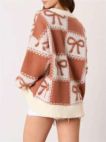 Women's Autumn Winter Knit Sweater Long Sleeve O Neck Bow Print Casual Knitwears - 卡其色 - 查看 7