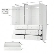 VOWNER 71" Large Wardrobe Closet With Mirror, Freestanding Bedroom Armoire With 3/6 Large Drawers & 2/4 Doors, Clothes Storage Organizer Cabinet For Bedroom, Gifts For Halloween & Thanksgiving - 白色-2個衣櫃 - 查看 5