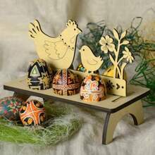 Easter Wooden Egg Holder Rack Rabbit Wood Ornament Easter Party Easter Decor DIY Wood Chick Rabbit Holder Tray Rack Happy Easter Decorations - Wood Color - View 11