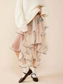 Women Sheer Tulle Skirt Casual Summer Irregular Layered Ruffled Elastic Skirt For Beach Vacation Club Streetwear - 白色 - 查看 5