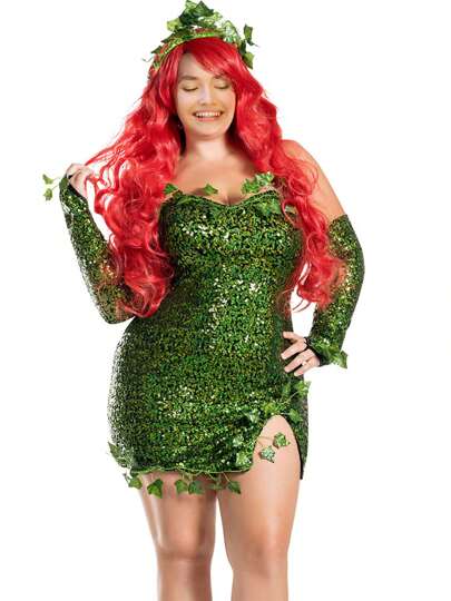 Deluxe Green Ivy Costume For Women, Sleeveless Fake Leaves Sequin Dress With Gloves Set