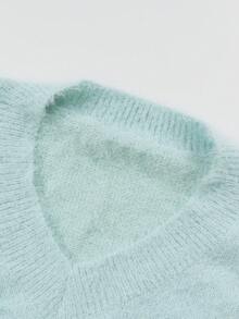 Plus Size Solid Color V-Neck Beaded Knitted Sweater, Casual For Autumn/Winter