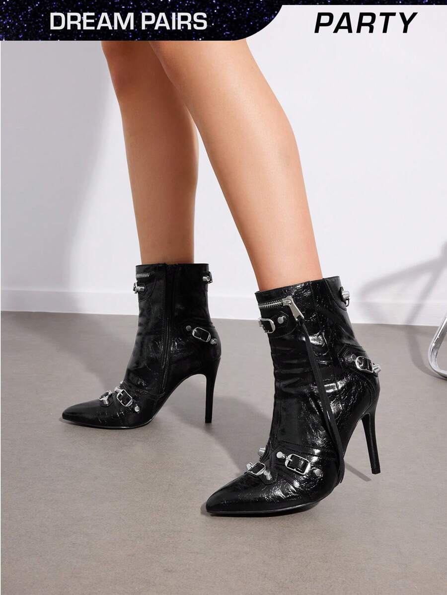 DREAM PAIRS Women's Pointed Toe Stiletto Motorcycle Boots Ankle Boots Dress Boots With Stud And ZipperTassel Great For Party Occasion - 黑色 - 查看 1