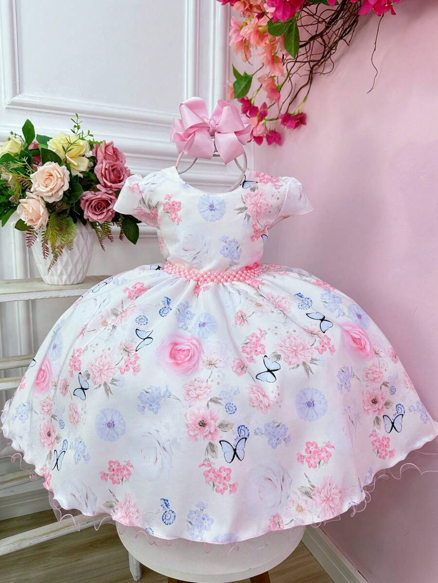 Vestido Infantil Marfim Festa Jardim das Borboletas De Igreja Aniversário Daminha Florista Luxo - Bege - Visão 1