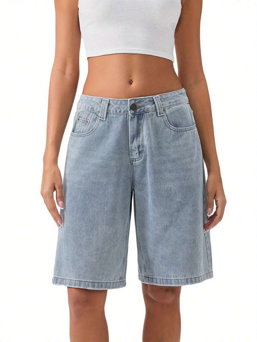 Women's Knee Length Denim Shorts Loose Solid Color Low Rise Wide Leg Long Shorts With Pockets For Summer
