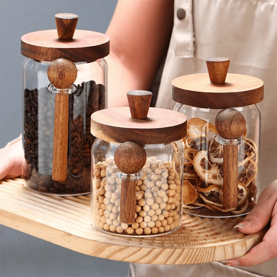 1 pieza Recipiente de vidrio para café con tapa de madera y juego de cucharas, frascos herméticos para almacenamiento de alimentos para organización de cocina - disponible en 3 tamaños