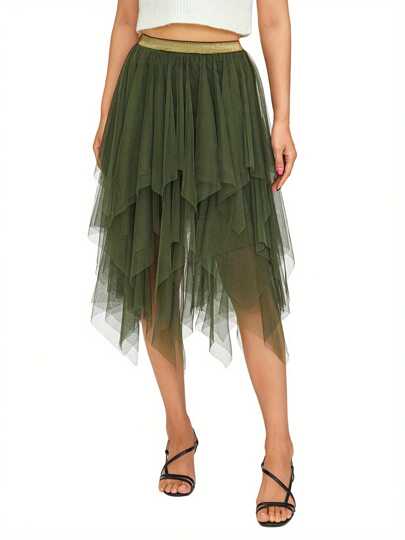 Women Fashion Midi Skirts Contrast Color/Solid Color Elastic High Waist Irregular Ruffles Multi-Layered Tulle Tutu Skirts