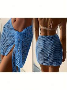 Women Beach Skirt, Cover-Up Skirt Hollowed Solid Summer Mini Knitted Skirt For Vacation SeasideCoachela Festival Swimsuits For Woman, Bathing Suits For Women, Trajes De Baño Mujer - 藍色 - 查看 6