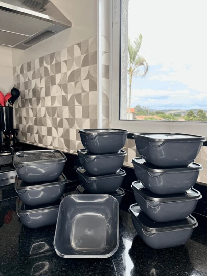 KIT 10 POTES QUADRADOS DE PLÁSTICO DE 1 LITRO TAPOER PARA ALIMENTOS