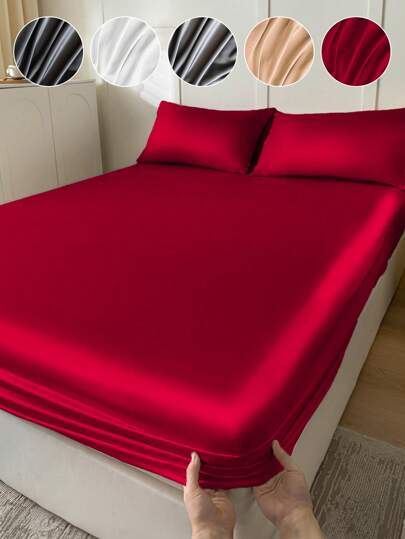 1pc Satin Fitted Sheet, Bedding, Fitted Sheet, Bed Cover, Luxurious Silk Mattress Pad, Temperature Regulating, Soft & Comfortable, Skin-Friendly Mattress Protector, Deep Pocket Fitted Sheet, Machine Washable, Ideal For Easter, Independence Day, Holiday Gifts.