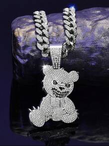 Set de 2 piezas Collar con colgante de acero inoxidable con decoración de strass, 1 pieza Collar con colgante en forma de oso - Collar hip hop, adecuado para uso casual o fiestas