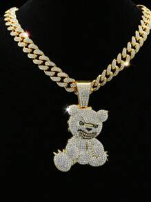 Set de 2 piezas Collar con colgante de acero inoxidable con decoración de strass, 1 pieza Collar con colgante en forma de oso - Collar hip hop, adecuado para uso casual o fiestas